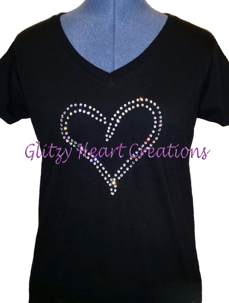 Double Line Heart Rhinestone Design Shirt