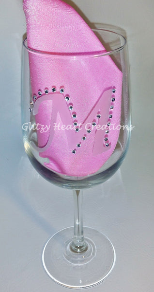 Wine Glass with Etched Initial and Rhinestones