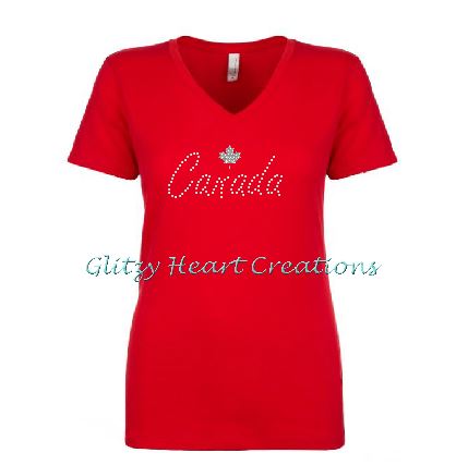 Canada and Maple Leaf Rhinestone Design Red T-Shirt