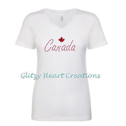 Canada and Maple Leaf Rhinestone Design White T-Shirt