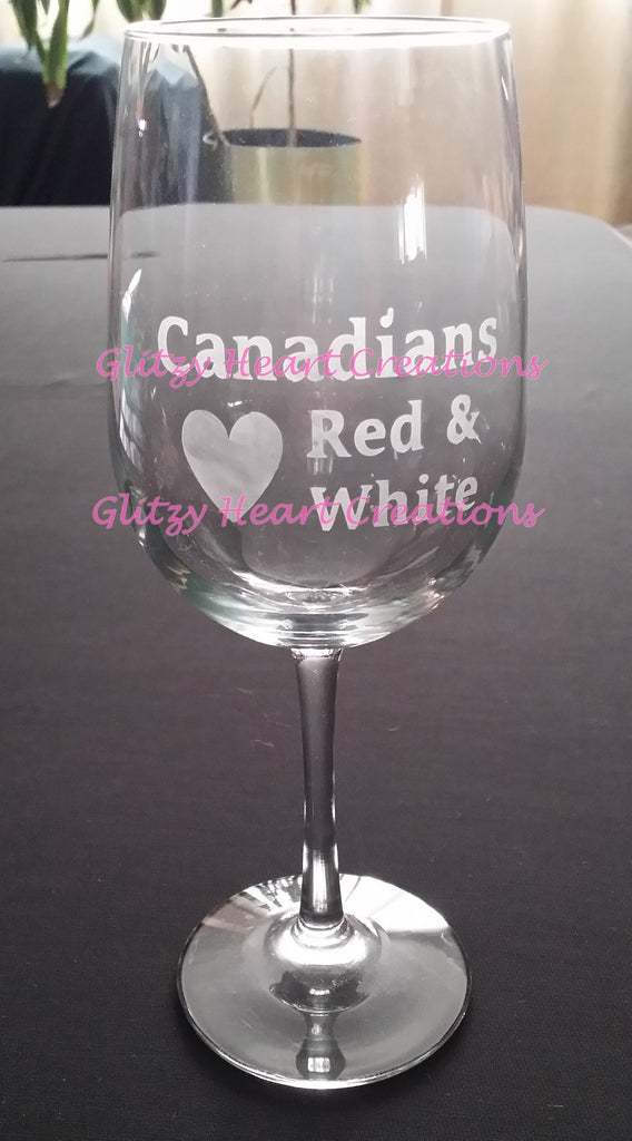 Canadians Love Red and White Etched Wine Glass