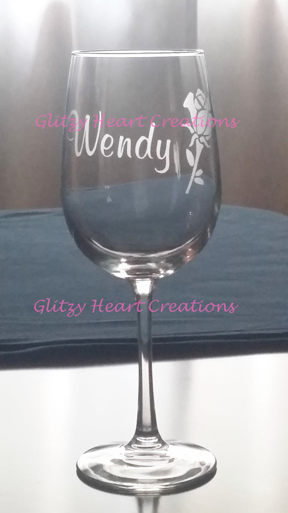 Wine Glass with Etched Name and Rose Design